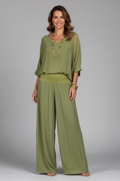 Damen V-Ausschnitt Oberteil und Weite Hose Set-Sets for women-Alpenkind