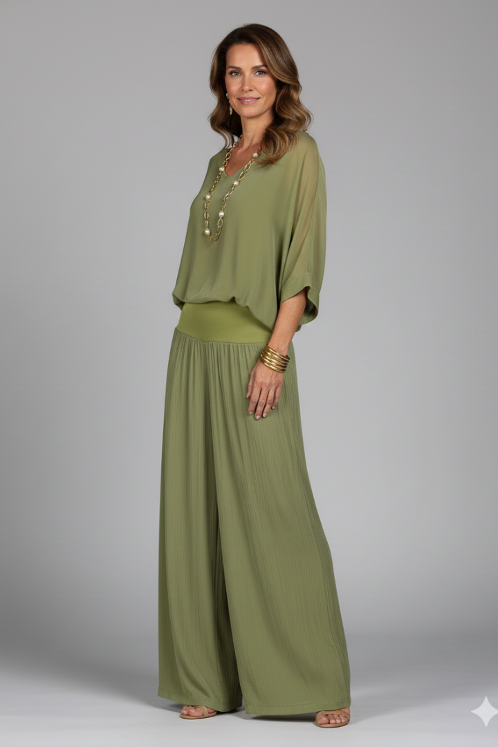 Damen V-Ausschnitt Oberteil und Weite Hose Set-Sets for women-Alpenkind