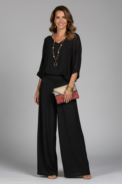 Damen V-Ausschnitt Oberteil und Weite Hose Set-Sets for women-Alpenkind