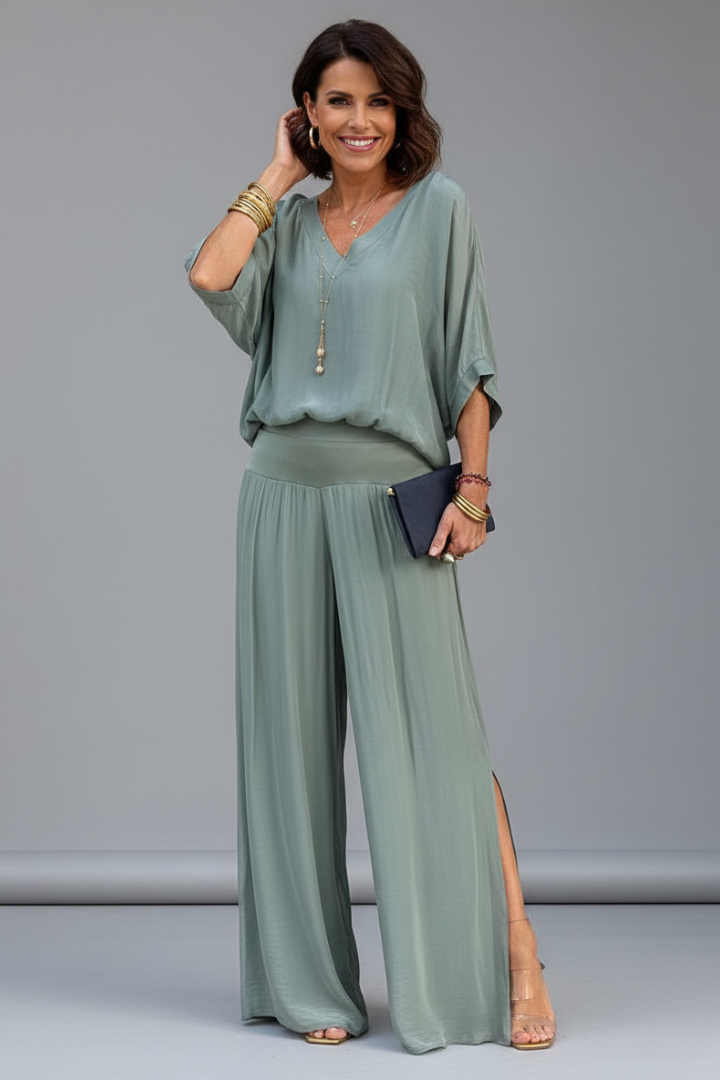 Damen V-Ausschnitt Oberteil und Weite Hose Set-Sets for women-Alpenkind