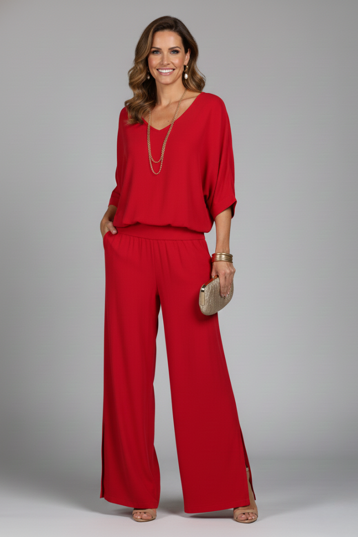 Damen V-Ausschnitt Oberteil und Weite Hose Set-Sets for women-Alpenkind