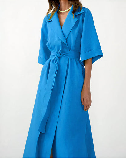 Damen Wickel-Midikleid mit Reverskragen, Weiten Ärmeln und Taillenband-Midi Dress-Alpenkind