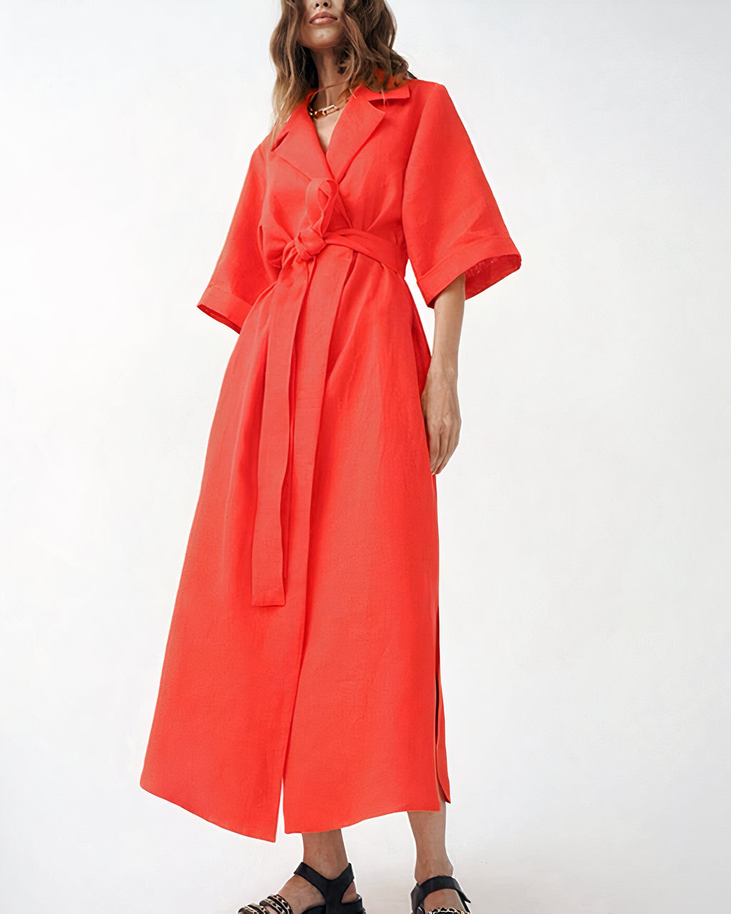 Damen Wickel-Midikleid mit Reverskragen, Weiten Ärmeln und Taillenband-Midi Dress-Alpenkind