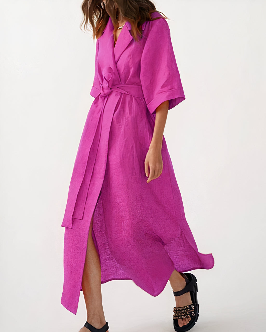 Damen Wickel-Midikleid mit Reverskragen, Weiten Ärmeln und Taillenband-Midi Dress-Alpenkind