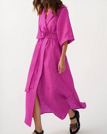 Damen Wickel-Midikleid mit Reverskragen, Weiten Ärmeln und Taillenband-Midi Dress-Alpenkind