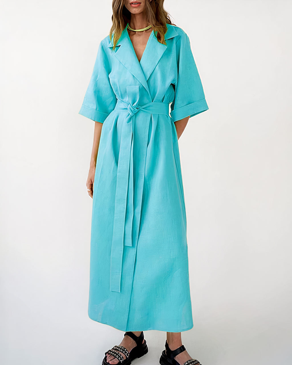 Damen Wickel-Midikleid mit Reverskragen, Weiten Ärmeln und Taillenband-Midi Dress-Alpenkind