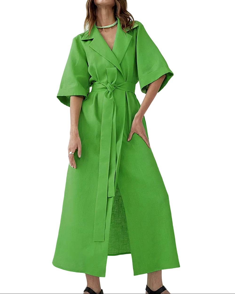 Damen Wickel-Midikleid mit Reverskragen, Weiten Ärmeln und Taillenband-Midi Dress-Alpenkind
