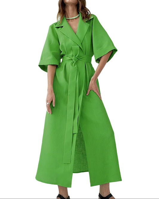 Damen Wickel-Midikleid mit Reverskragen, Weiten Ärmeln und Taillenband-Midi Dress-Alpenkind