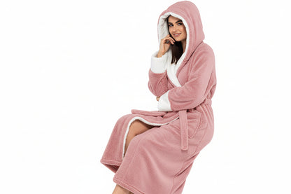 Damen Wickelbademantel mit Kapuze, Gürtel und aufgesetzten Taschen-Women Robe-Alpenkind