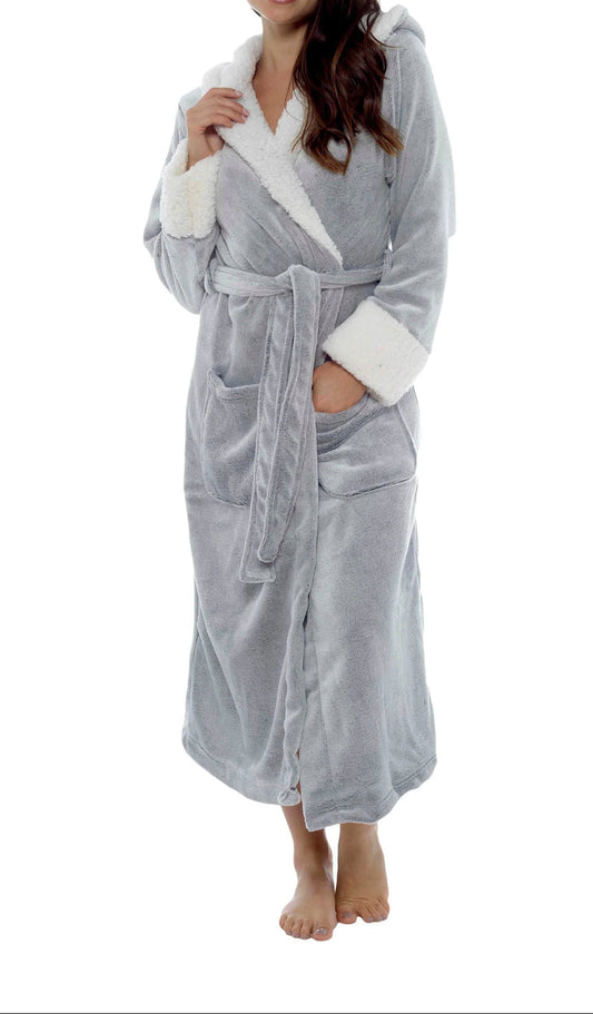 Damen Wickelbademantel mit Kapuze, Gürtel und aufgesetzten Taschen-Women Robe-Alpenkind
