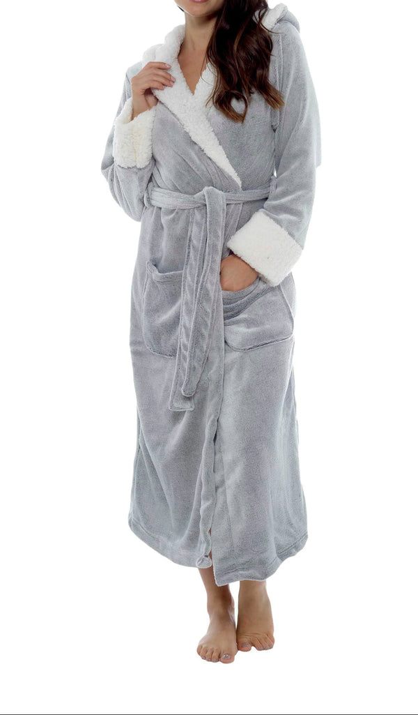 Damen Wickelbademantel mit Kapuze, Gürtel und aufgesetzten Taschen-Women Robe-Alpenkind