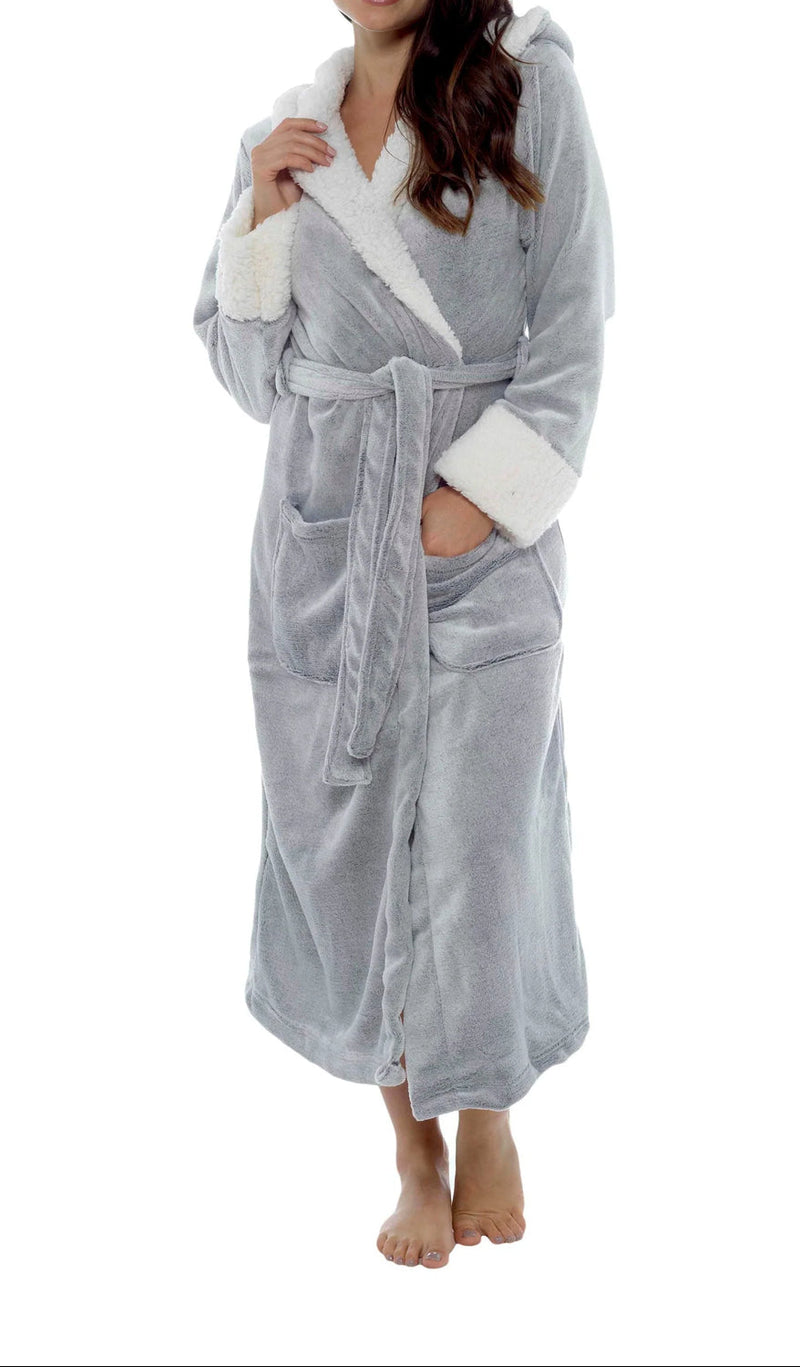 Damen Wickelbademantel mit Kapuze, Gürtel und aufgesetzten Taschen