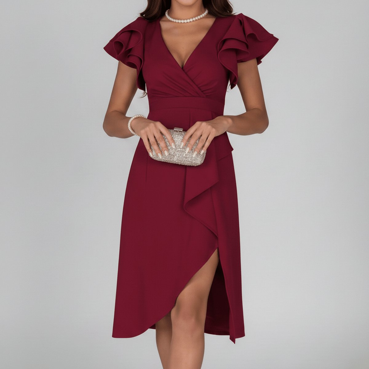 Damen-Wickelkleid in Midilänge mit Rüschenärmeln-Midi Dress-Alpenkind