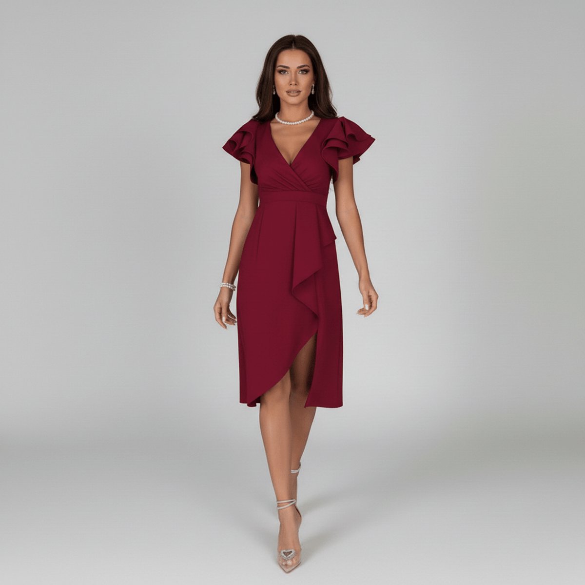 Damen-Wickelkleid in Midilänge mit Rüschenärmeln-Midi Dress-Alpenkind