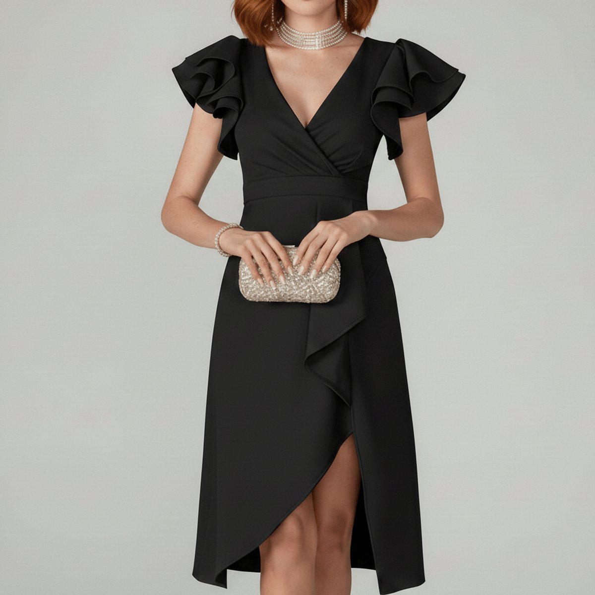 Damen-Wickelkleid in Midilänge mit Rüschenärmeln-Midi Dress-Alpenkind