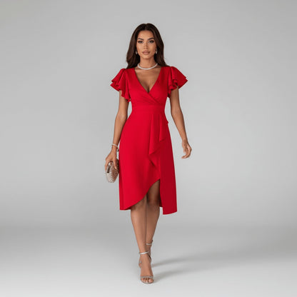 Damen-Wickelkleid in Midilänge mit Rüschenärmeln-Midi Dress-Alpenkind