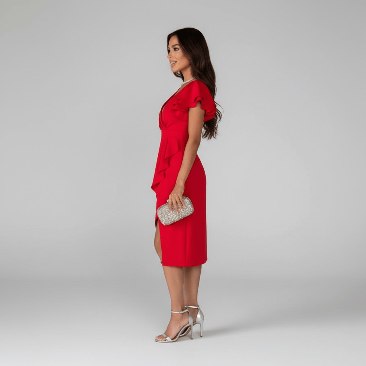 Damen-Wickelkleid in Midilänge mit Rüschenärmeln-Midi Dress-Alpenkind