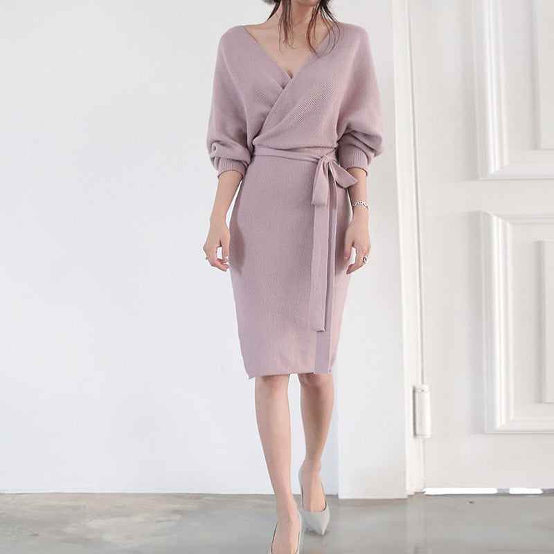 Damen Wickelstrickkleid mit V-Ausschnitt und Bindegürtel-Midi Dress-Alpenkind