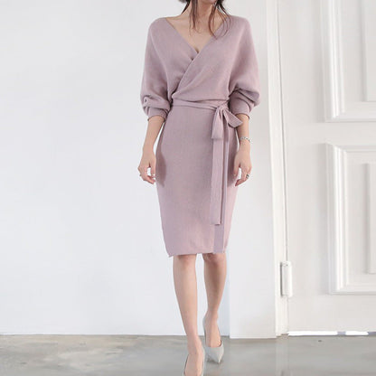 Damen Wickelstrickkleid mit V-Ausschnitt und Bindegürtel-Midi Dress-Alpenkind