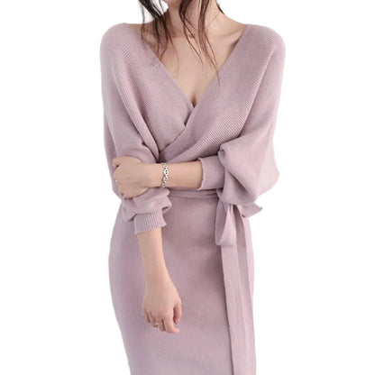 Damen Wickelstrickkleid mit V-Ausschnitt und Bindegürtel-Midi Dress-Alpenkind