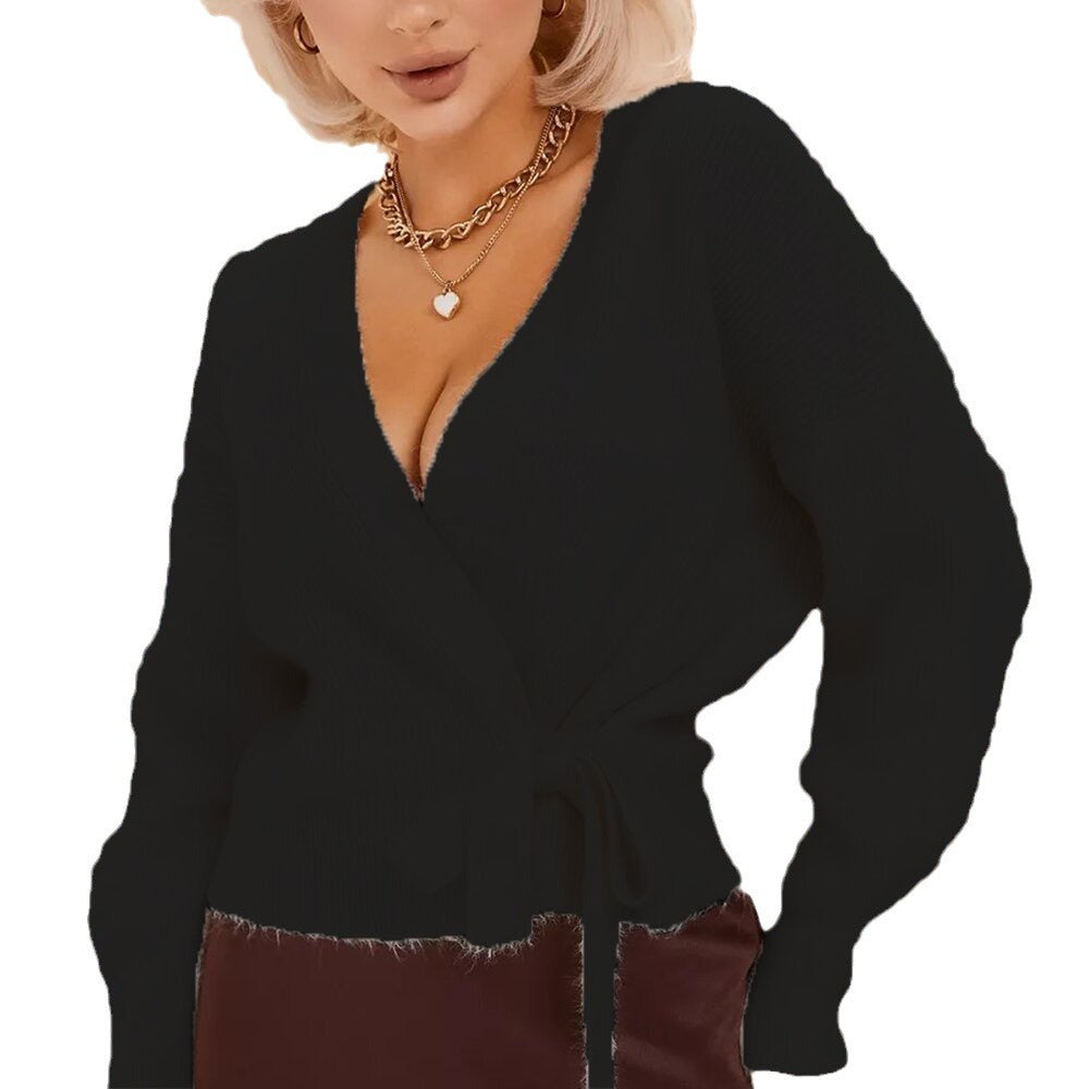 Damen Wickelstrickpullover mit V-Ausschnitt und Bindegürtel-Women Sweaters-Alpenkind