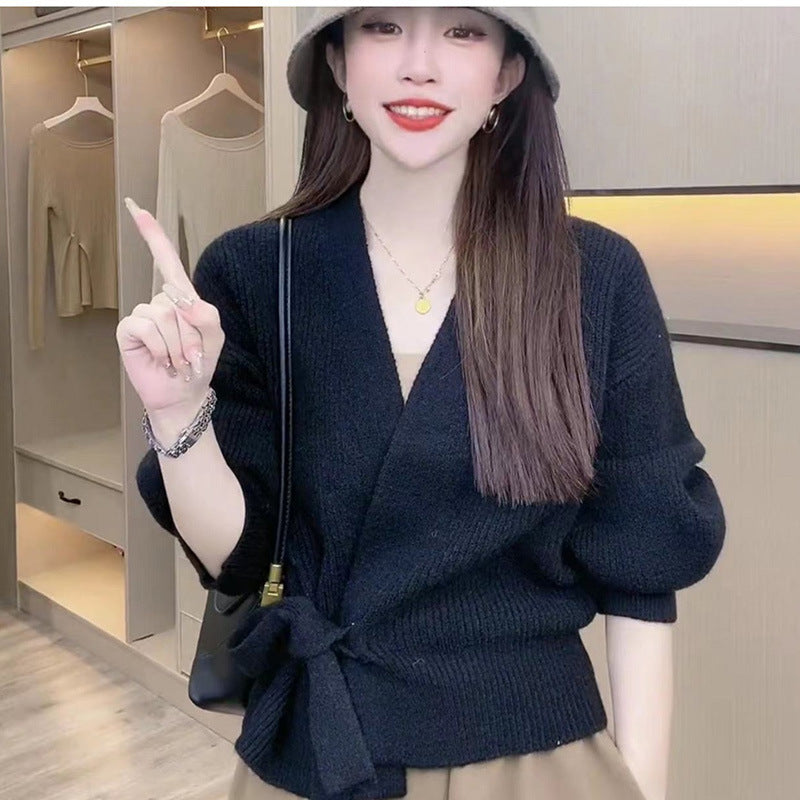 Damen Wickelstrickpullover mit V-Ausschnitt und Bindegürtel