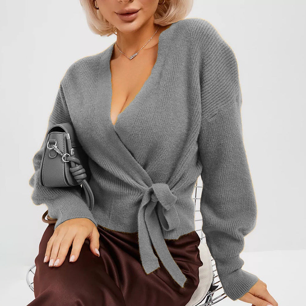Damen Wickelstrickpullover mit V-Ausschnitt und Bindegürtel-Women Sweaters-Alpenkind