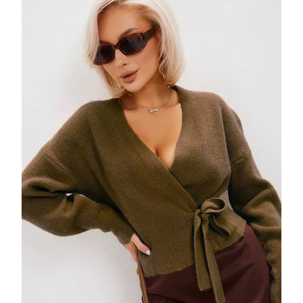 Damen Wickelstrickpullover mit V-Ausschnitt und Bindegürtel-Women Sweaters-Alpenkind