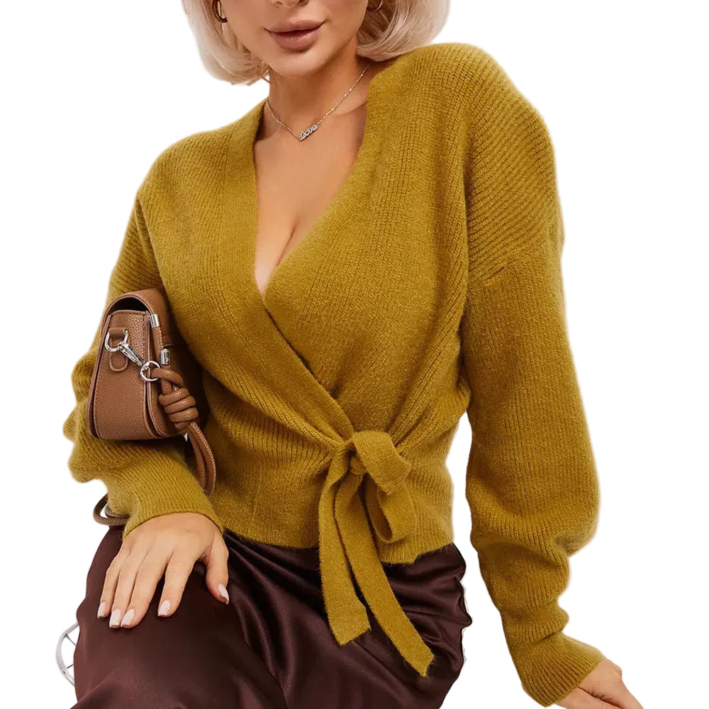 Damen Wickelstrickpullover mit V-Ausschnitt und Bindegürtel-Women Sweaters-Alpenkind