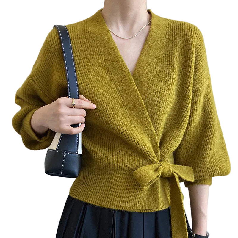 Damen Wickelstrickpullover mit V-Ausschnitt und Bindegürtel