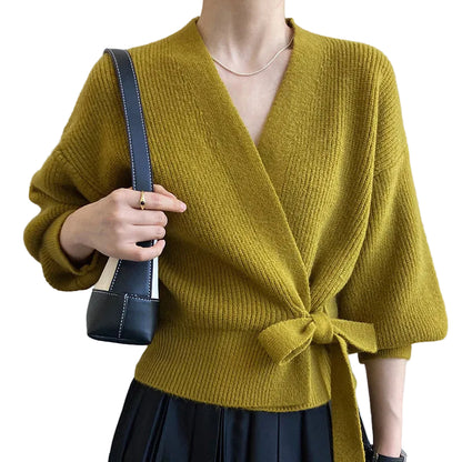 Damen Wickelstrickpullover mit V-Ausschnitt und Bindegürtel