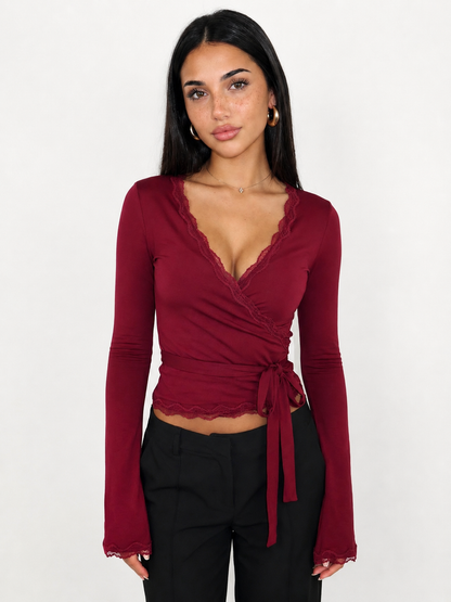 Damen Wickeltop mit langen Ärmeln, Spitzenbesatz und seitlichem Bindeband-Tops for women-Alpenkind