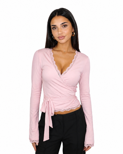 Damen Wickeltop mit langen Ärmeln, Spitzenbesatz und seitlichem Bindeband-Tops for women-Alpenkind