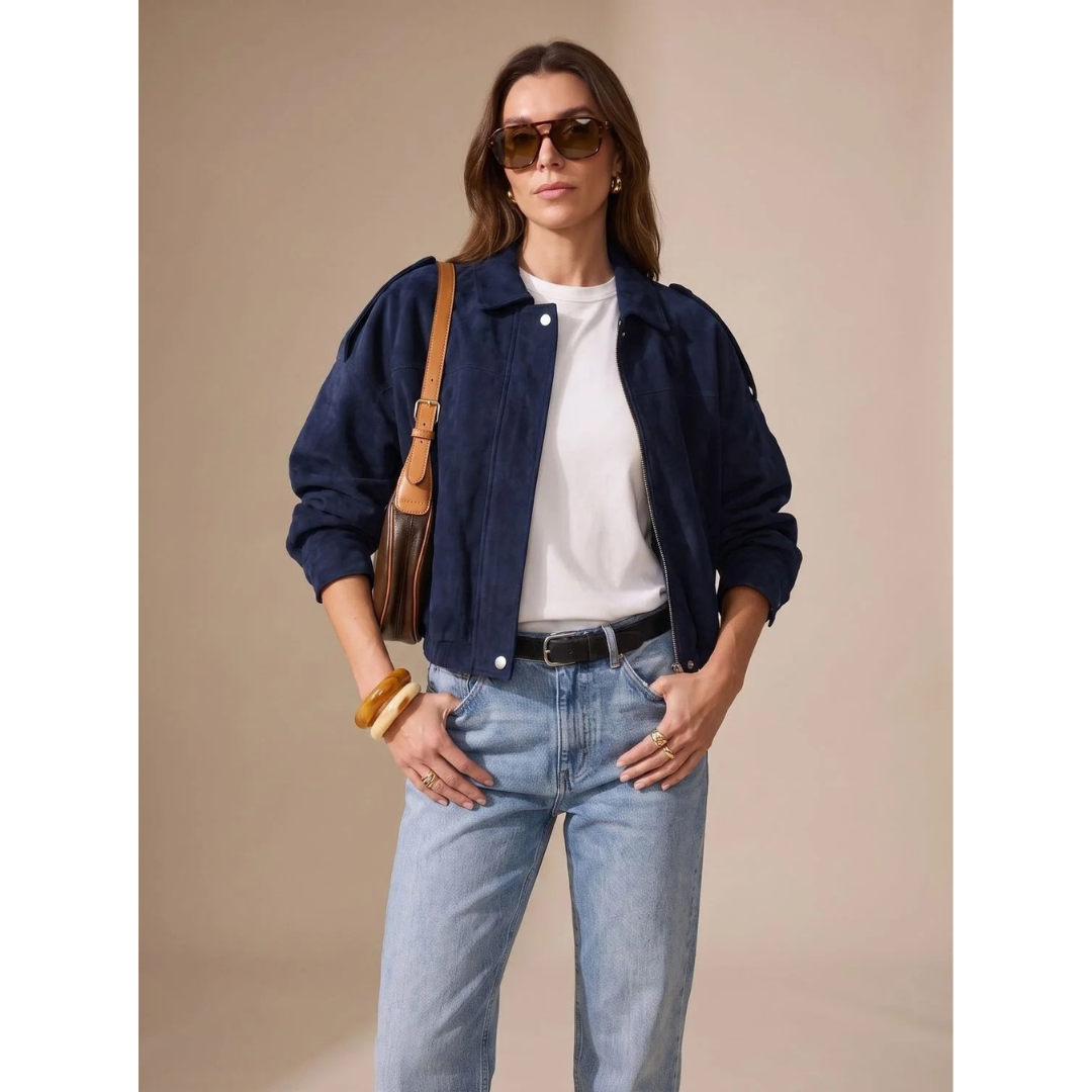 Damen-Wildleder-Bomberjacke mit Reißverschluss und Knopfleiste-Jacket for women-Alpenkind