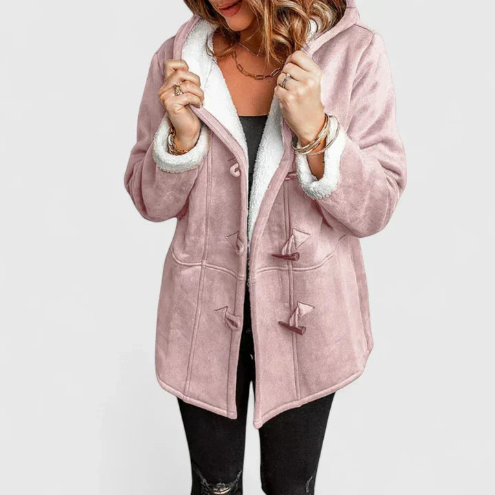 Damen-Wildledermantel mit Knebelknöpfen und Kapuze-Coats for women-Alpenkind