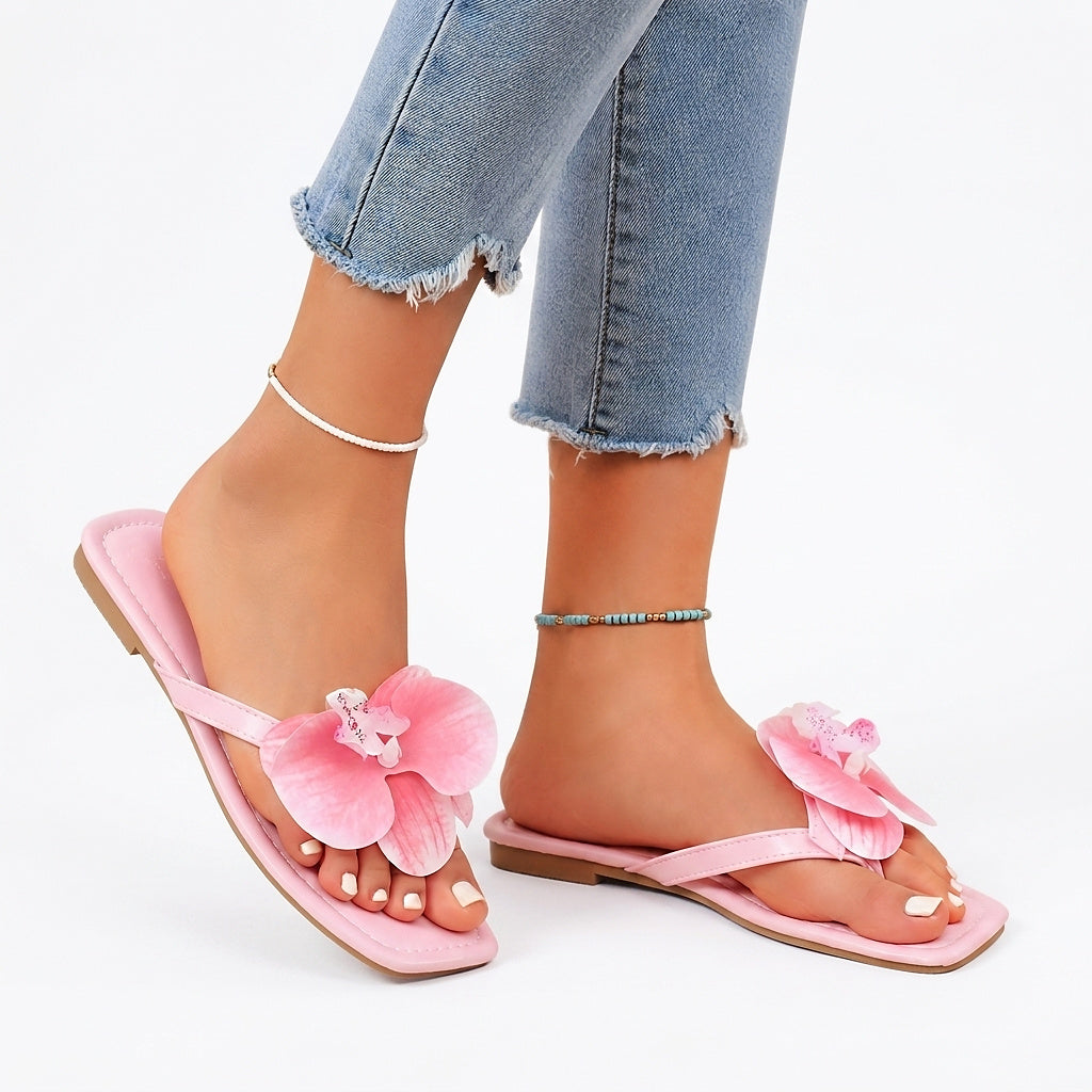 Damen-Zehentrenner mit eckiger Zehenpartie und Blumen-Applikation-Footwear for women-Alpenkind