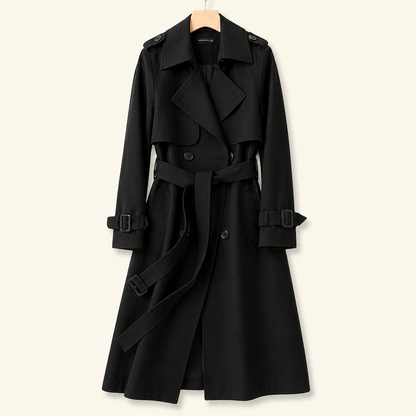Damen Zweireihiger Trenchcoat mit Gürtel und Reverskragen sowie Ärmelriemen-Women Coats-Alpenkind