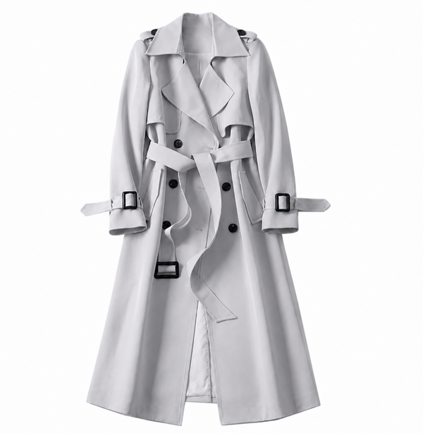 Damen Zweireihiger Trenchcoat mit Gürtel und Reverskragen sowie Ärmelriemen-Women Coats-Alpenkind