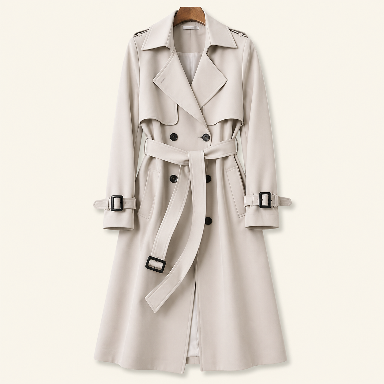 Damen Zweireihiger Trenchcoat mit Gürtel und Reverskragen sowie Ärmelriemen-Women Coats-Alpenkind