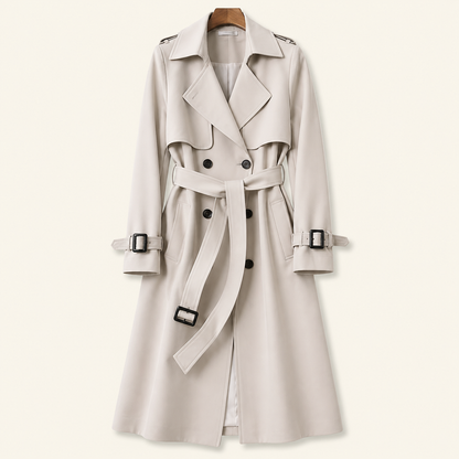 Damen Zweireihiger Trenchcoat mit Gürtel und Reverskragen sowie Ärmelriemen-Women Coats-Alpenkind