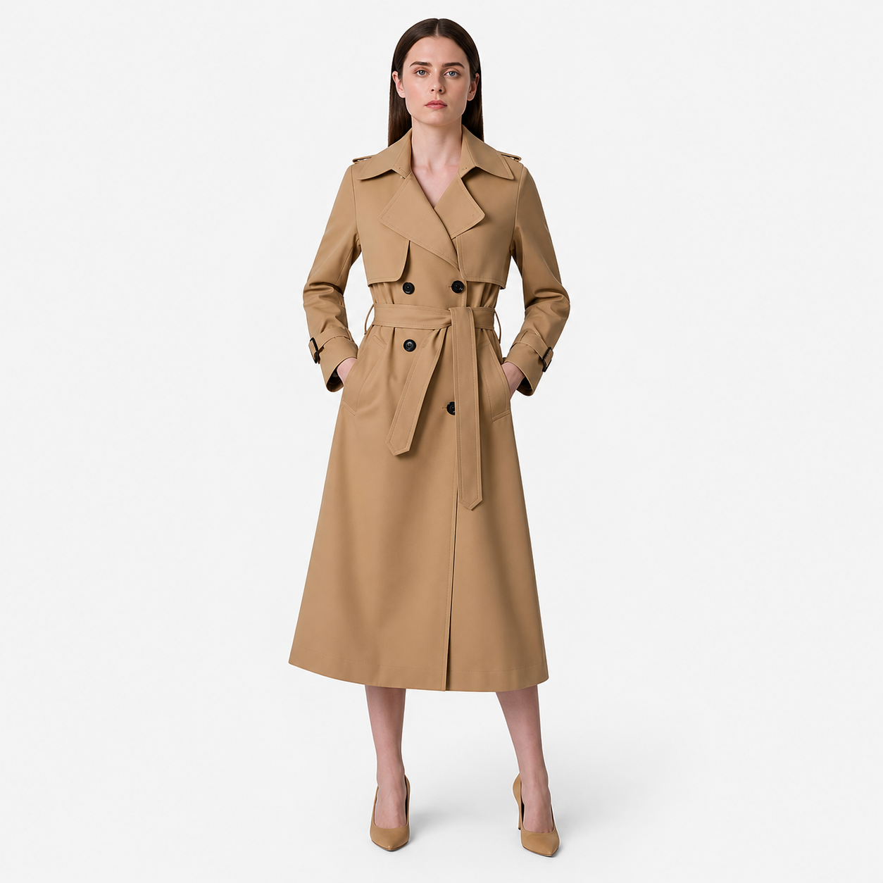 Damen Zweireihiger Trenchcoat mit Gürtel und Reverskragen sowie Ärmelriemen-Women Coats-Alpenkind
