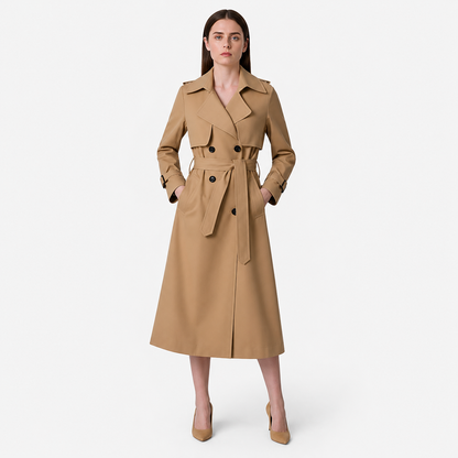Damen Zweireihiger Trenchcoat mit Gürtel und Reverskragen sowie Ärmelriemen-Women Coats-Alpenkind