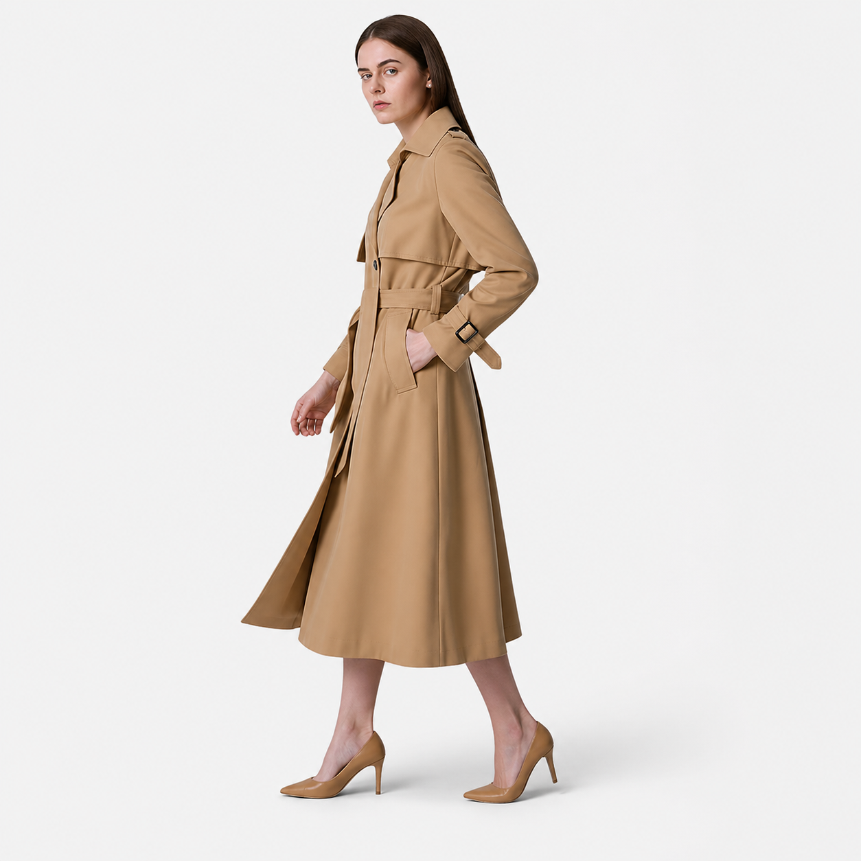 Damen Zweireihiger Trenchcoat mit Gürtel und Reverskragen sowie Ärmelriemen-Women Coats-Alpenkind