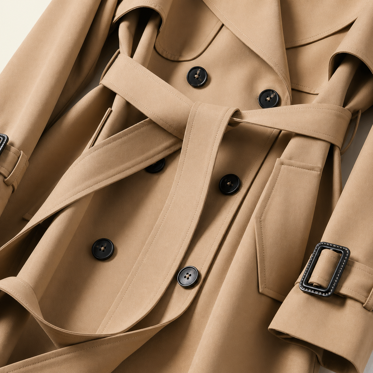 Damen Zweireihiger Trenchcoat mit Gürtel und Reverskragen sowie Ärmelriemen-Women Coats-Alpenkind