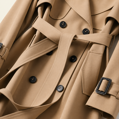 Damen Zweireihiger Trenchcoat mit Gürtel und Reverskragen sowie Ärmelriemen-Women Coats-Alpenkind