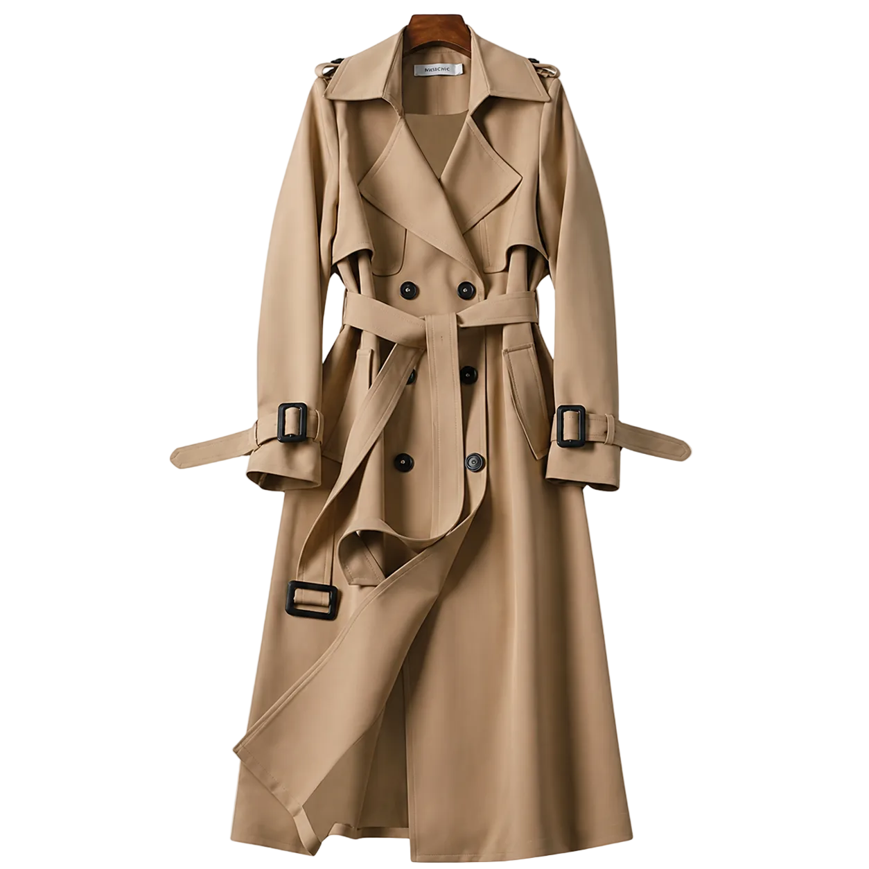 Damen Zweireihiger Trenchcoat mit Gürtel und Reverskragen sowie Ärmelriemen-Women Coats-Alpenkind
