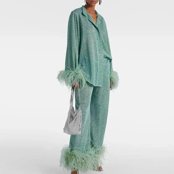 Damen Zweiteiler mit Hemd und Hose mit Federbesatz-Sets for women-Alpenkind
