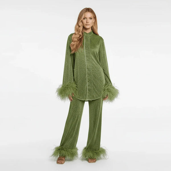 Damen Zweiteiler mit Hemd und Hose mit Federbesatz-Sets for women-Alpenkind