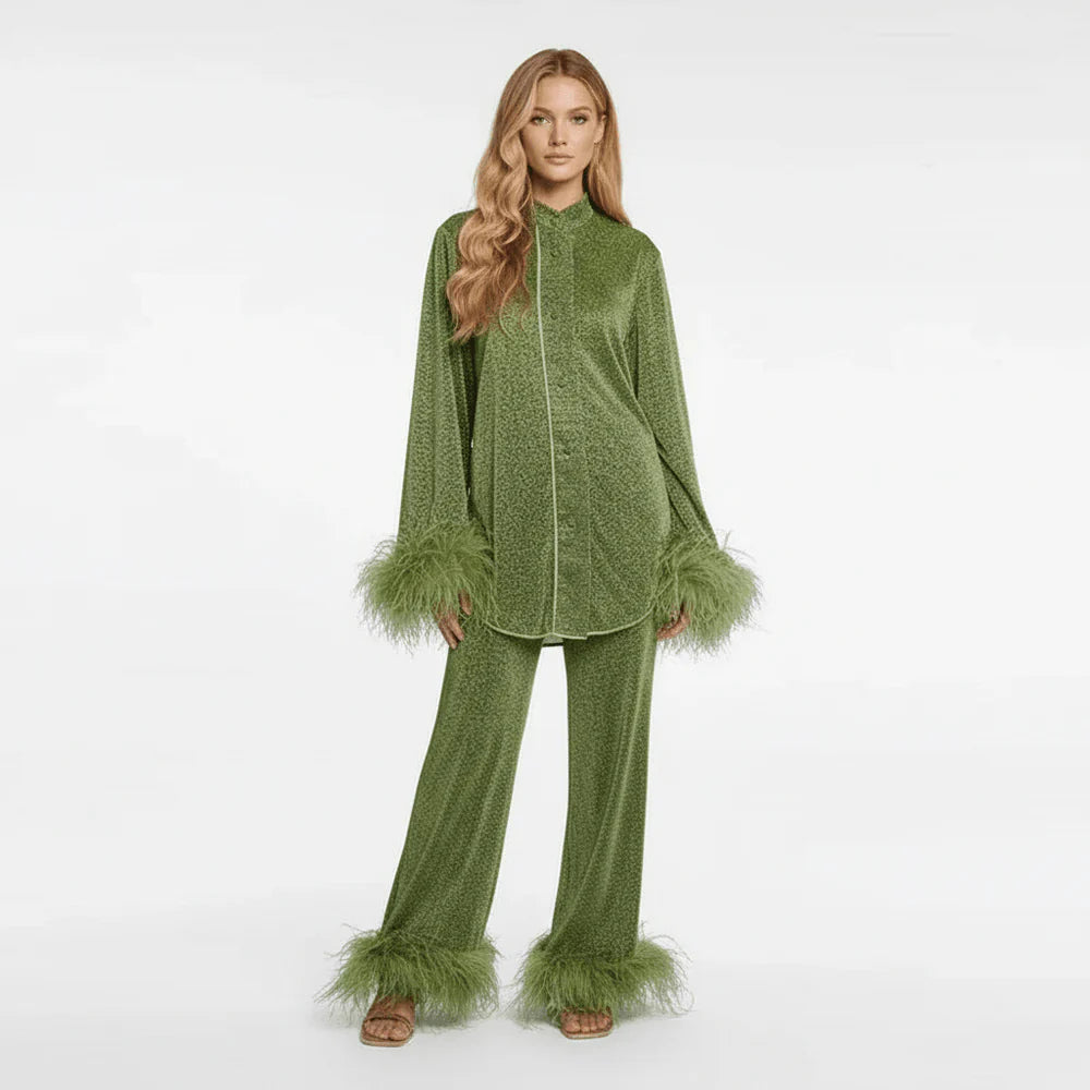 Damen Zweiteiler mit Hemd und Hose mit Federbesatz-Sets for women-Alpenkind