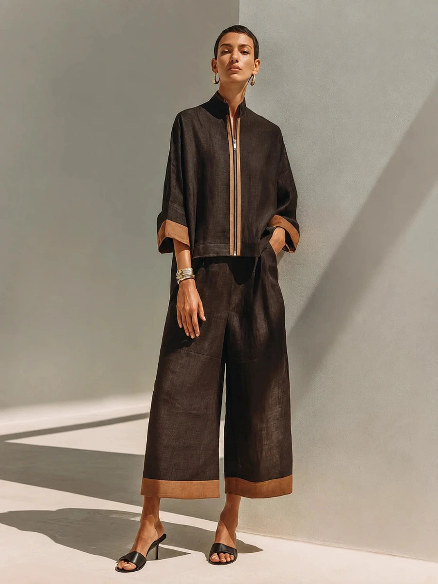 Damen-Zweiteiler mit Reißverschluss-Oberteil und Wide-Leg-Hose-Sets for women-Alpenkind